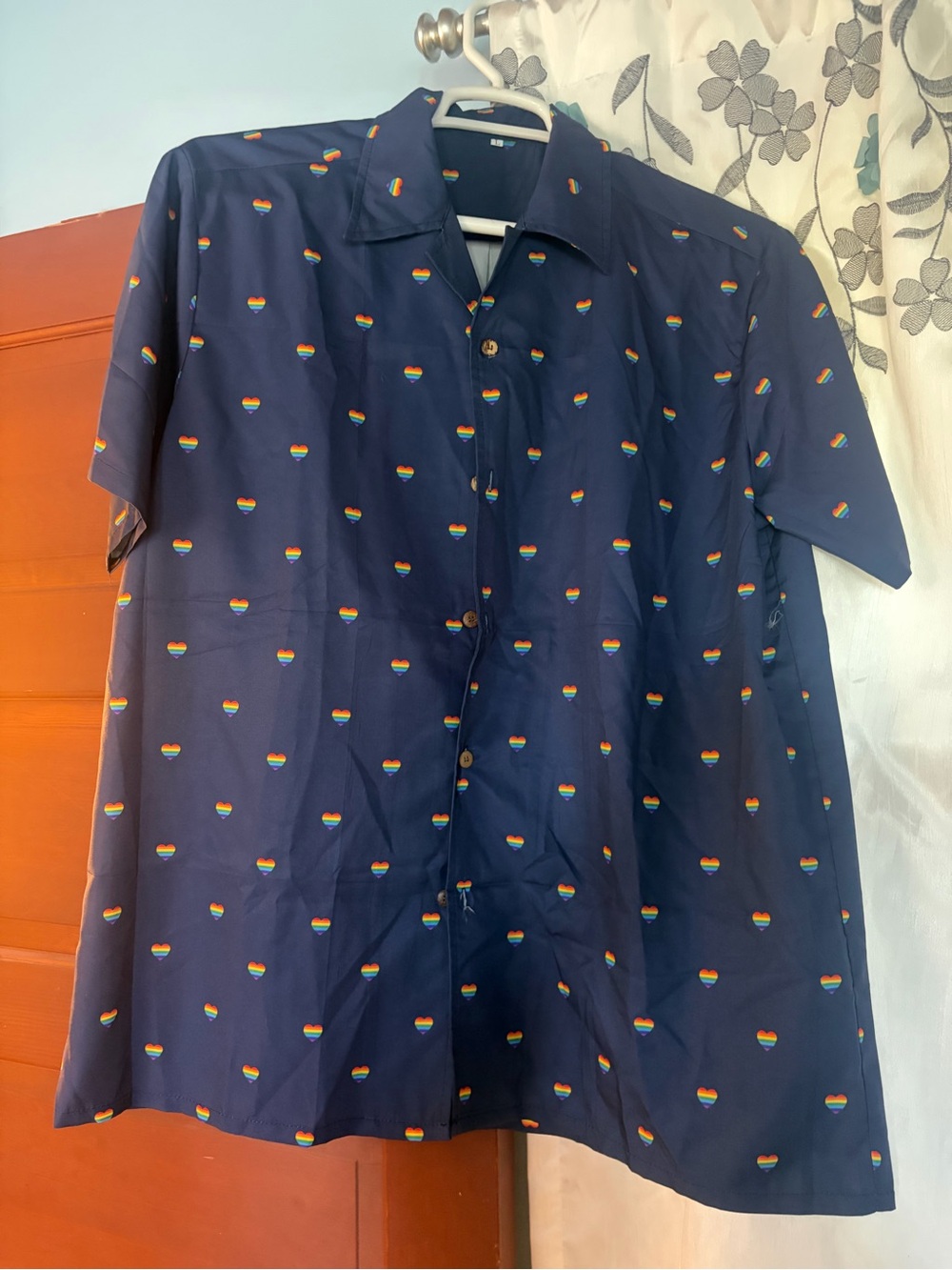Men's Navy Short-Sleeve Button-Down Shirt with Rainbow Heart Print